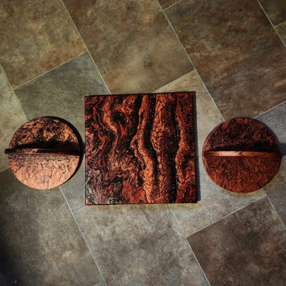 3 HANDCRAFTED Abstract Paintings HANDPAINTED Upcycled Wood Shelves Wall Decor